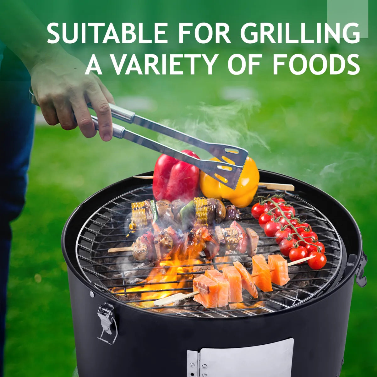 Vertical Steel Charcoal Smoker with Thermometer, Double-Walled Cylindrical Design, Black