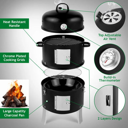 Vertical Steel Charcoal Smoker with Thermometer, Double-Walled Cylindrical Design, Black