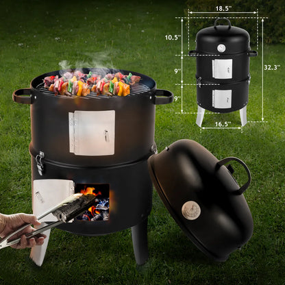Vertical Steel Charcoal Smoker with Thermometer, Double-Walled Cylindrical Design, Black