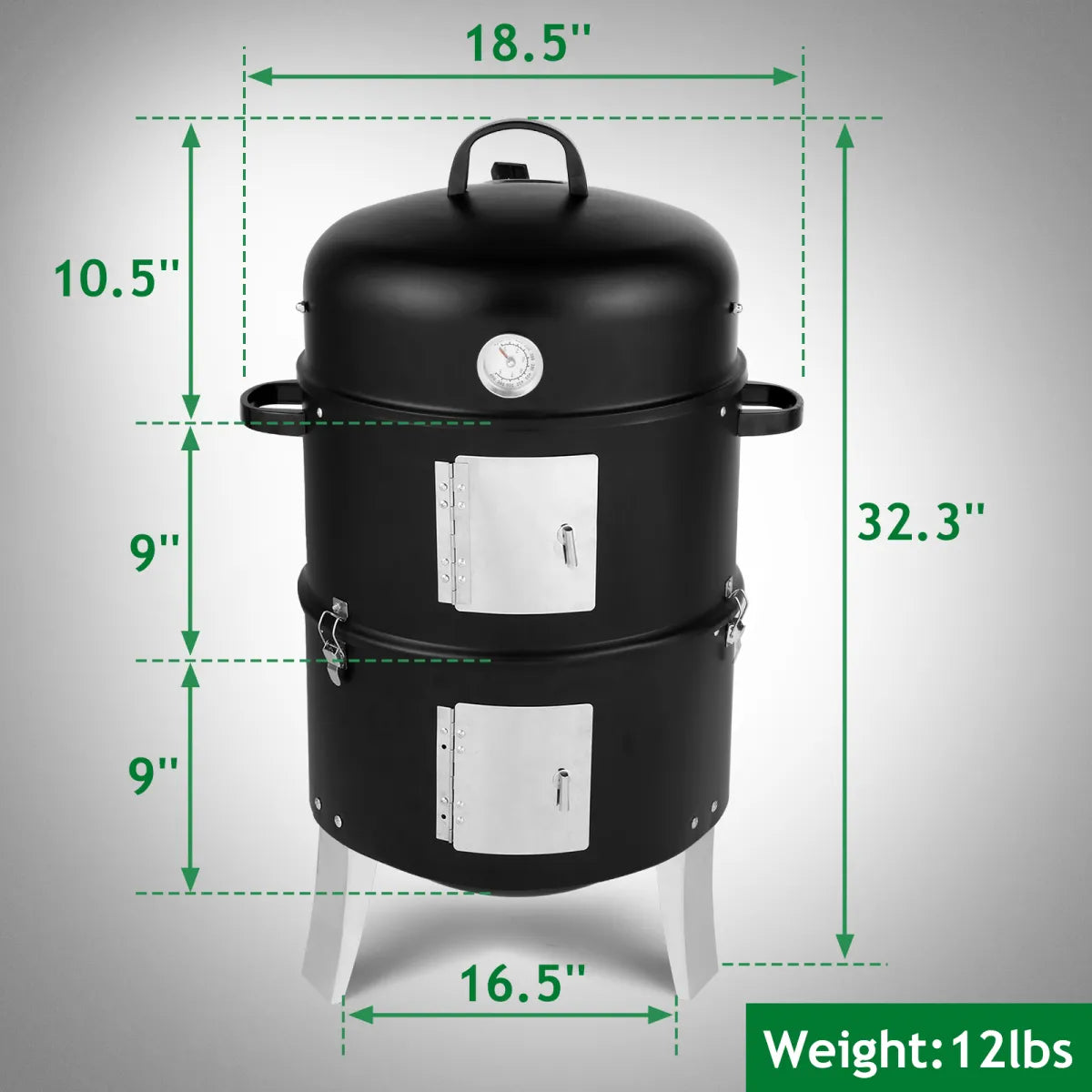 Vertical Steel Charcoal Smoker with Thermometer, Double-Walled Cylindrical Design, Black