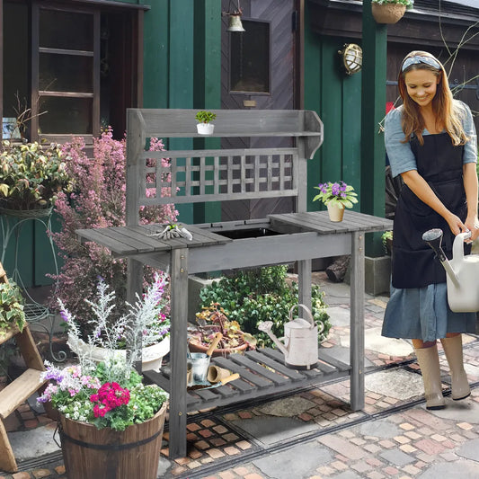 Wooden Garden Potting Bench with Hidden Storage and Sliding Tabletop, Gray