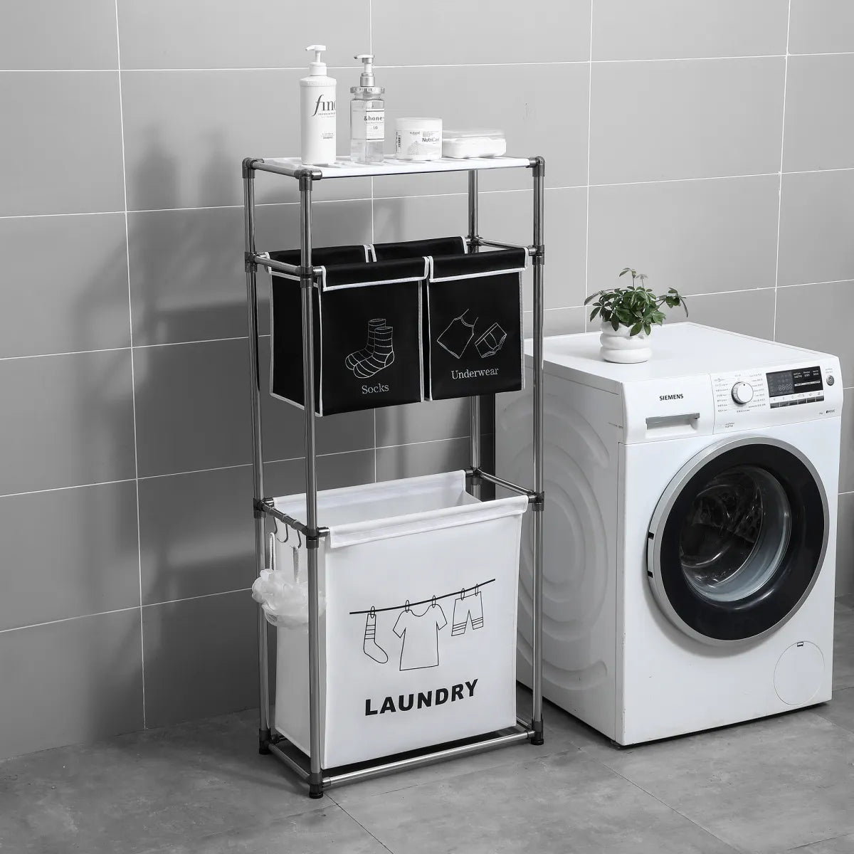 3-Tier Laundry Hamper Sorter with Removable Bags and Hooks, Black White