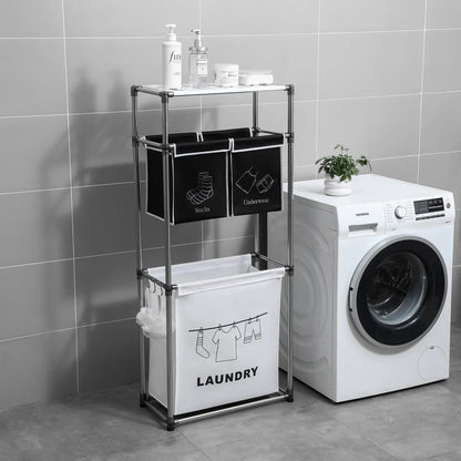 3-Tier Laundry Hamper Sorter with Removable Bags and Hooks, Black White