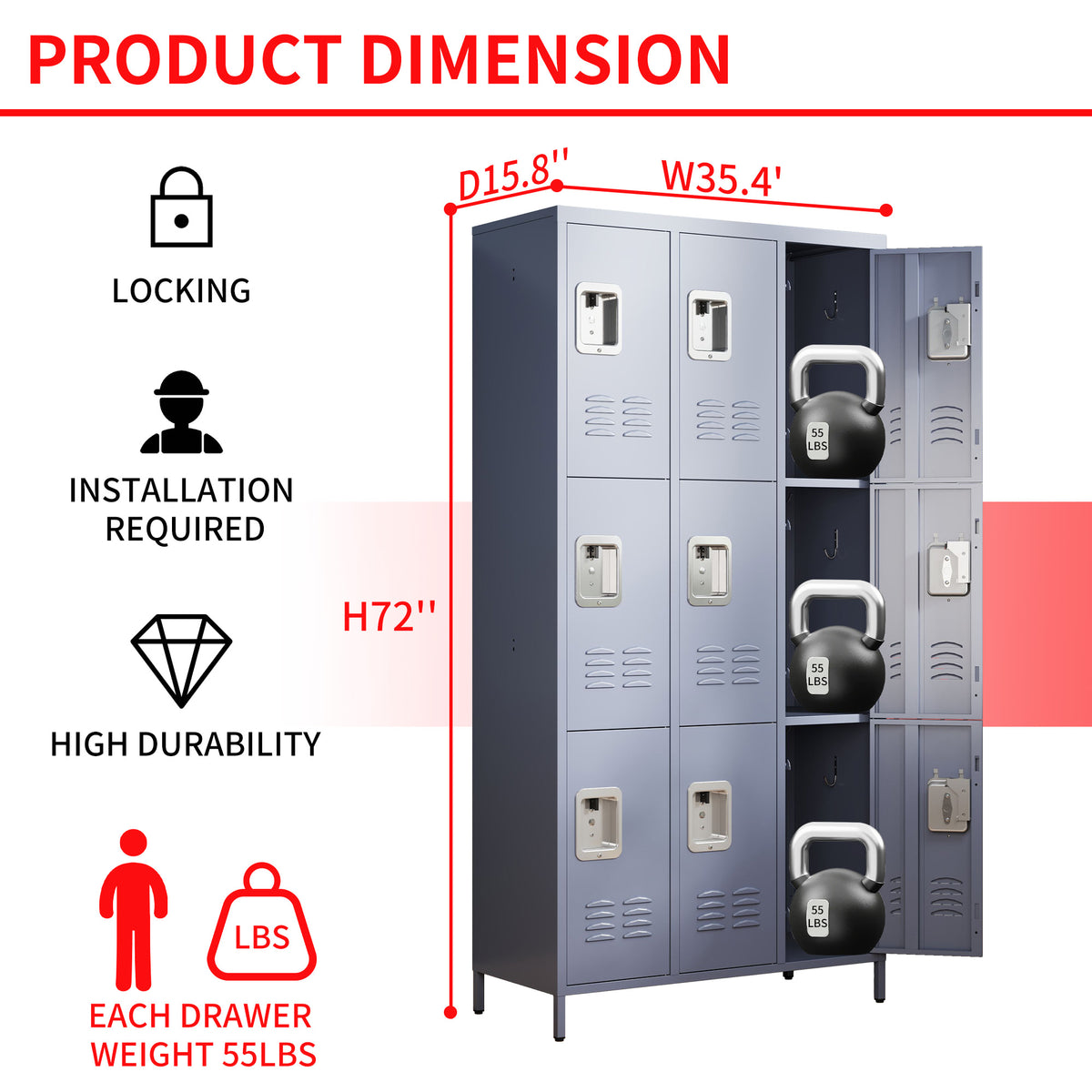 9-door metal locker, 72 inch, gray