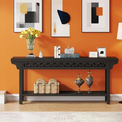 Black Lattice-Front Console Table with Lower Shelf