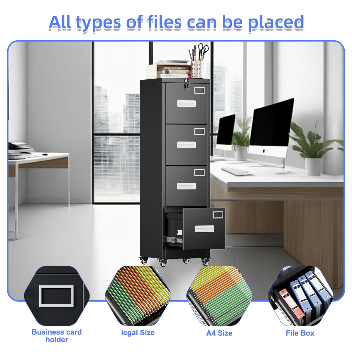 Lockable 4-drawer file cabinet on wheels