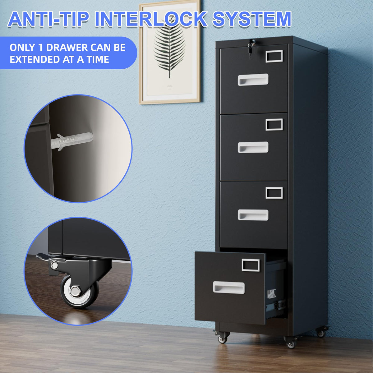 Lockable 4-drawer file cabinet on wheels