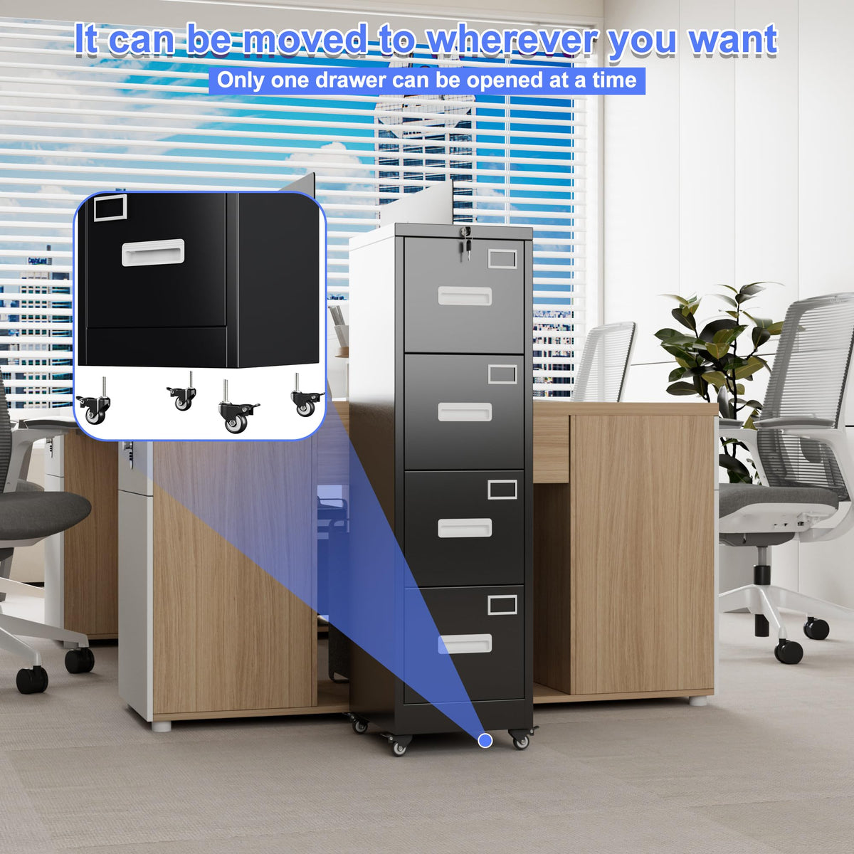 Lockable 4-drawer file cabinet on wheels