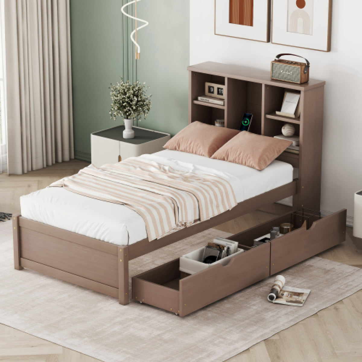 Bookcase Headboard Twin Bed Frame – Particle Board & Rubberwood, Walnut Bedroom with USB Port