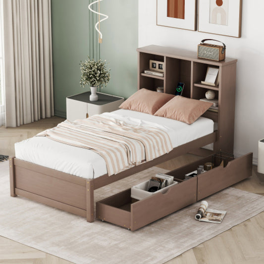 Bookcase Headboard Twin Bed Frame – Particle Board & Rubberwood, Walnut Bedroom with USB Port
