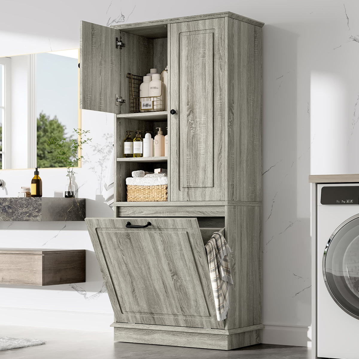 Tall Storage Cabinet with Flip-Out Basket, Oak