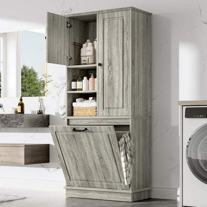 Tall Storage Cabinet with Flip-Out Basket, Oak