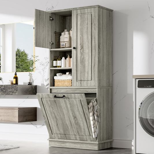 Tall Storage Cabinet with Flip-Out Basket, Oak