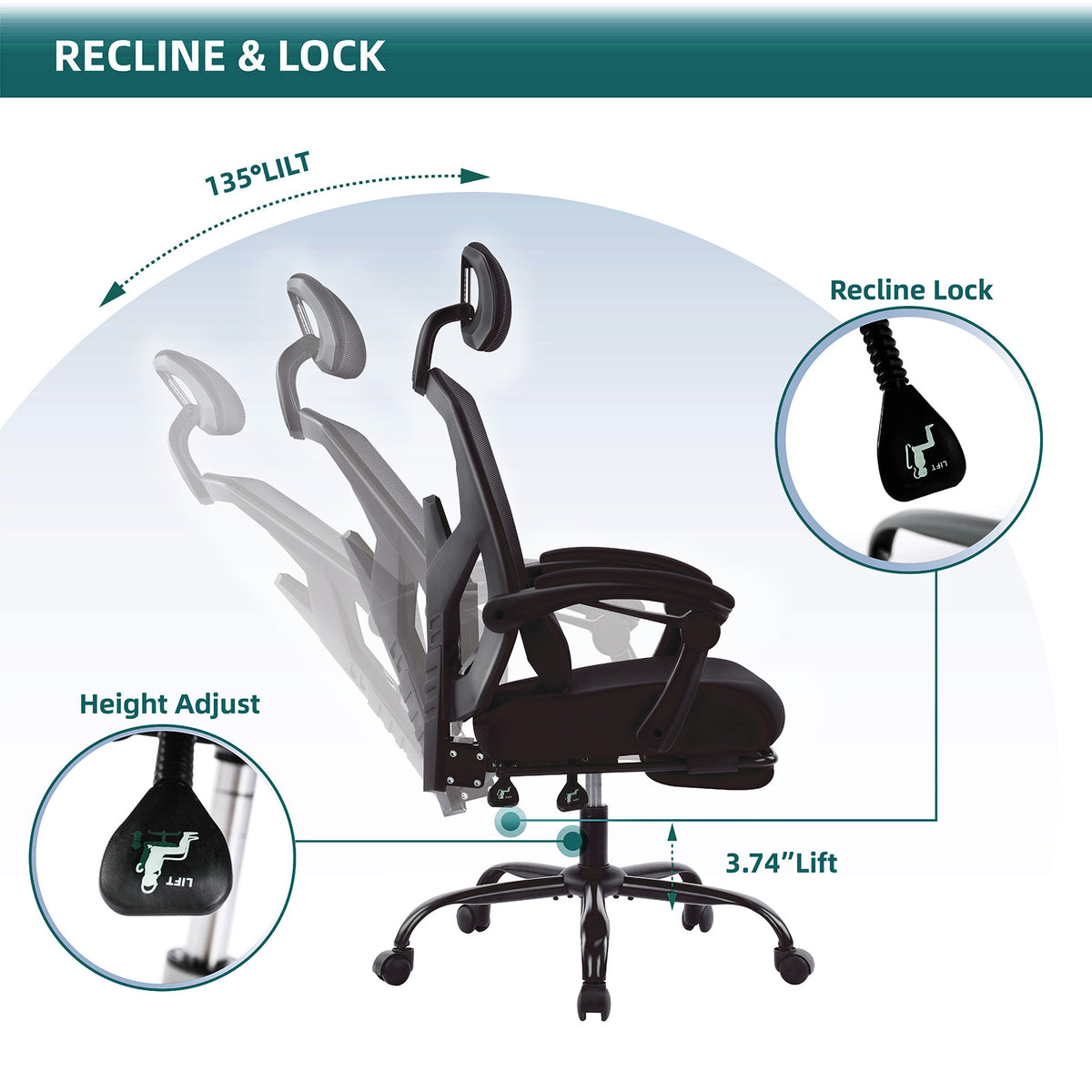 Reclining ergonomic office chair with footrest