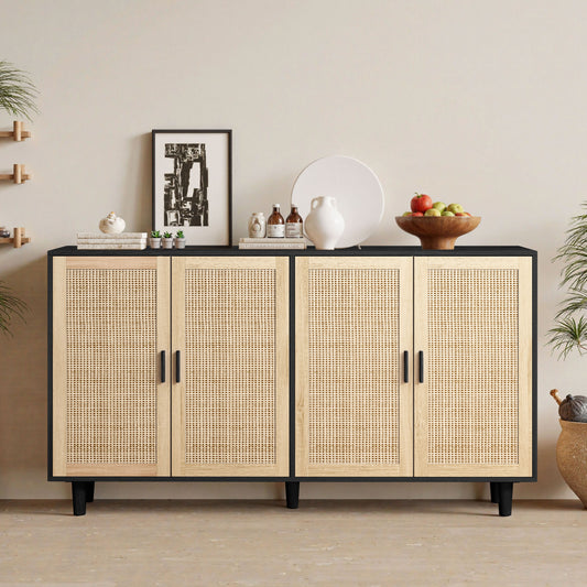 158cm 4-door rattan storage cabinet, black