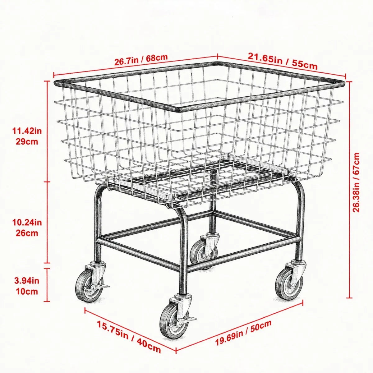 Commercial Grade Wire Laundry Cart with Wheels, 2.8 Bushel Rolling Basket