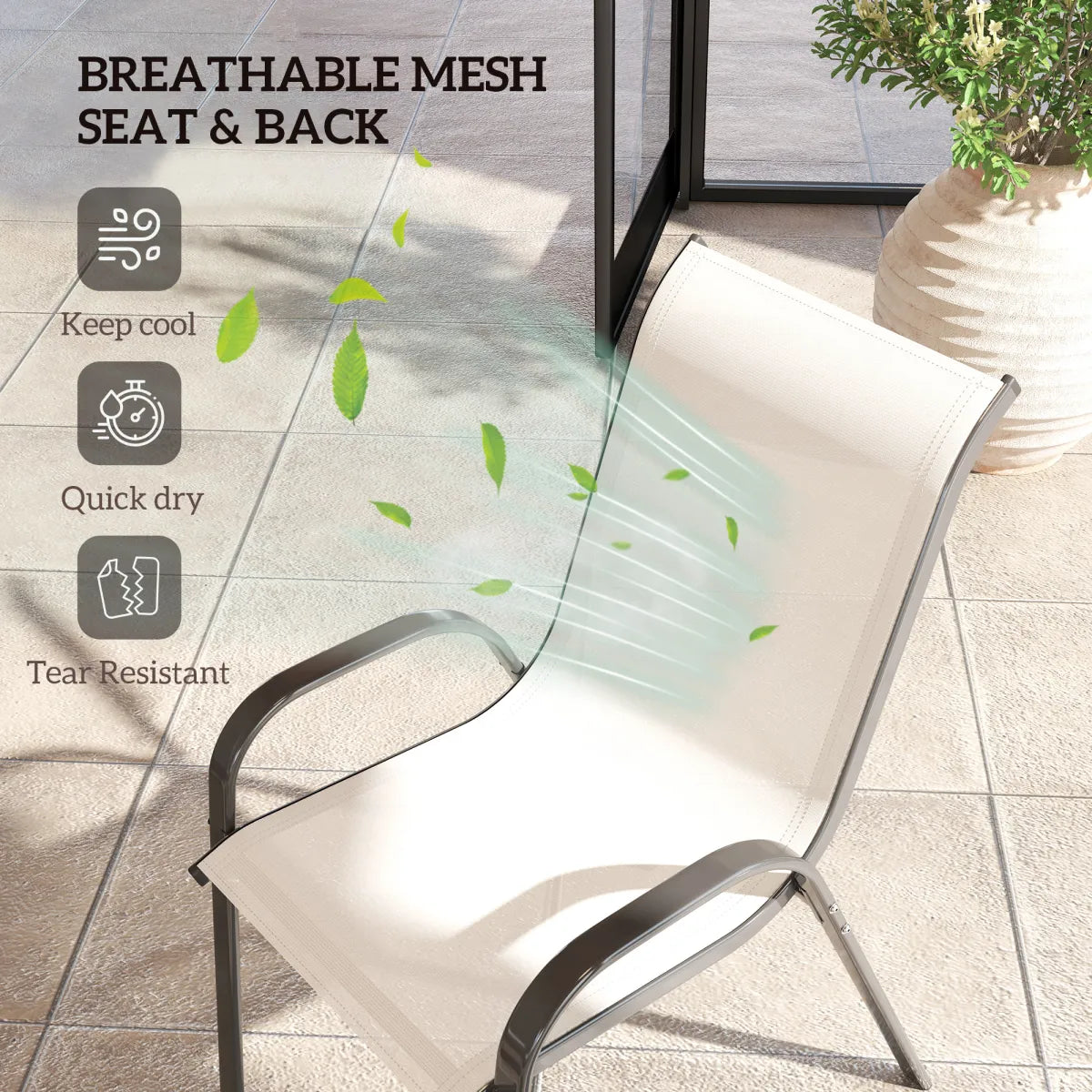 Set of 4 Stackable Outdoor Dining Chairs with High Back and Breathable Mesh Seat, Beige