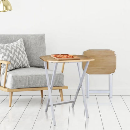 2-Piece TV Tray and Folding Table Set, Natural Wood White