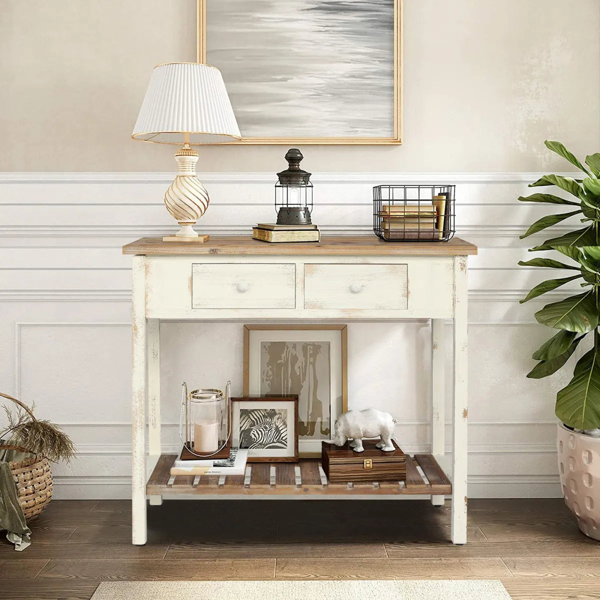 Vintage Two-Drawer Console Table with Open Shelf