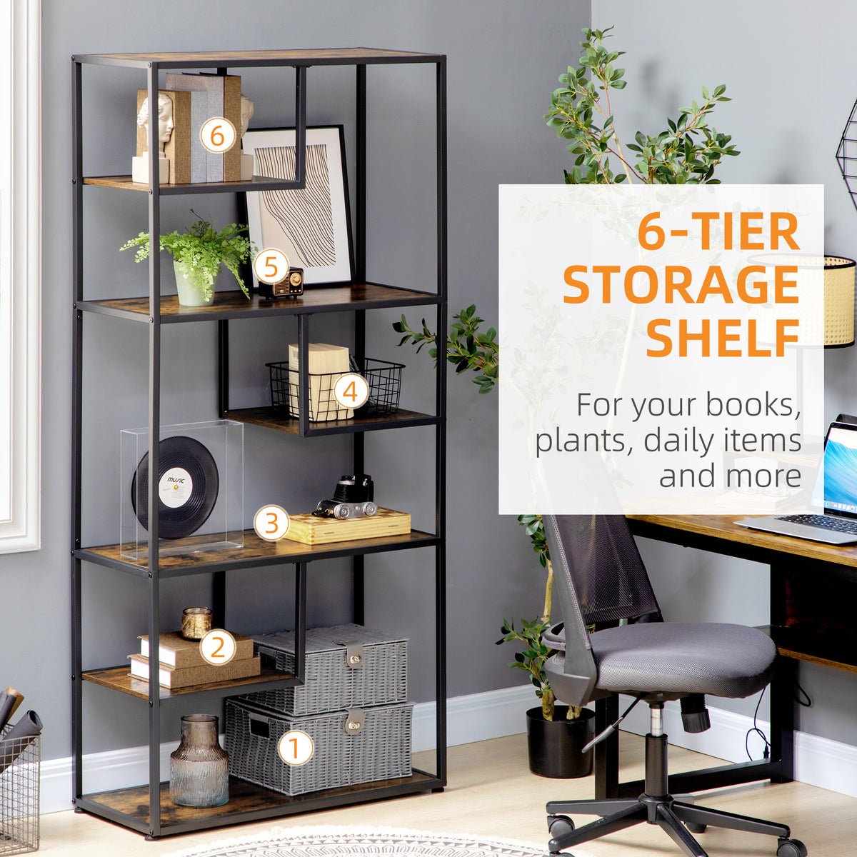 Industrial 6-tier bookcase, rustic brown