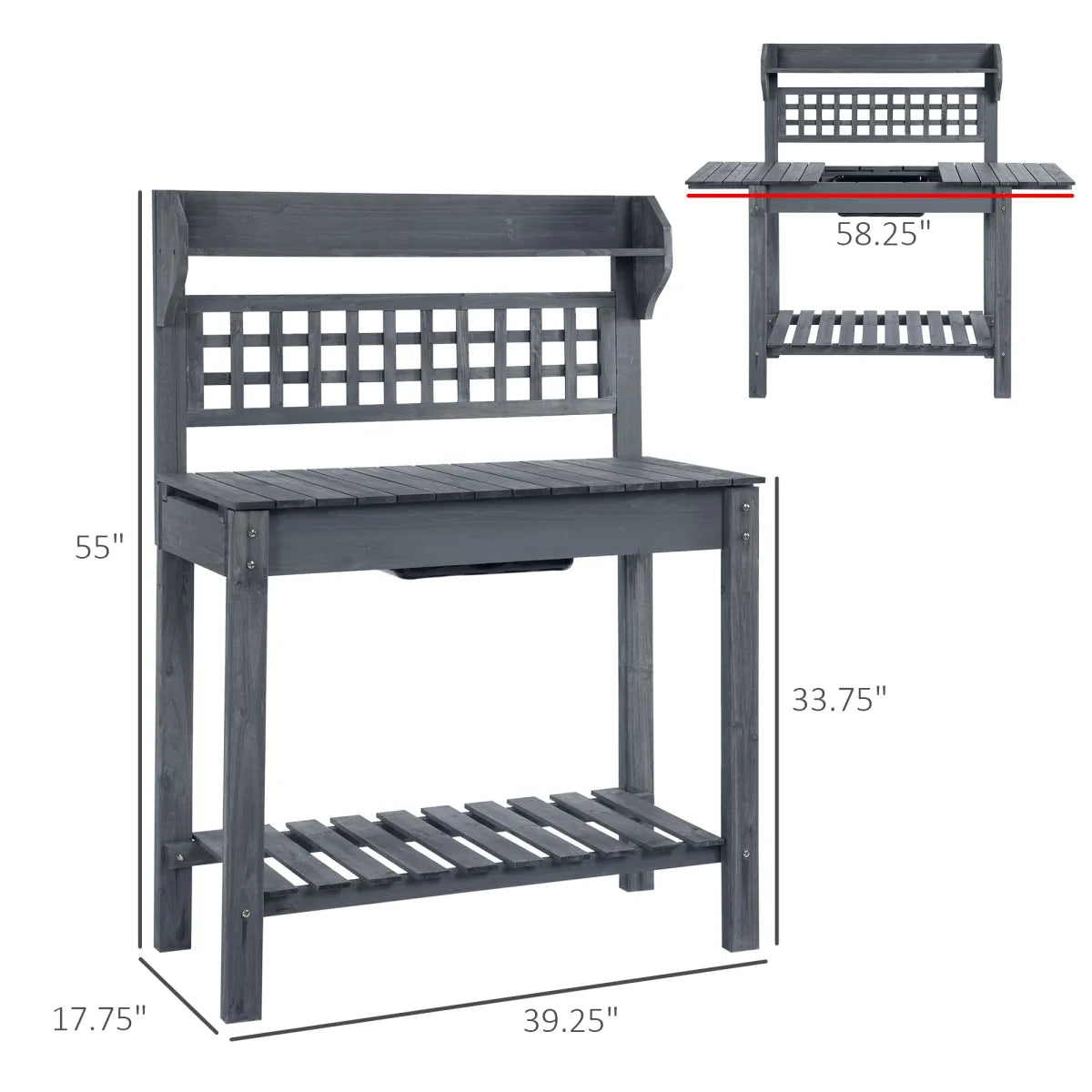 Wooden Garden Potting Bench with Hidden Storage and Sliding Tabletop, Gray