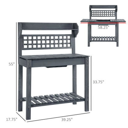 Wooden Garden Potting Bench with Hidden Storage and Sliding Tabletop, Gray