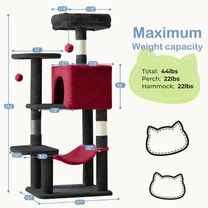 44" Cat Tree Tower with Sisal Scratching Posts, Hammock and Extended Platform, Beige