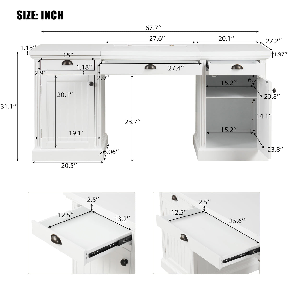 67 inch executive desk with cabinet and drawers, white