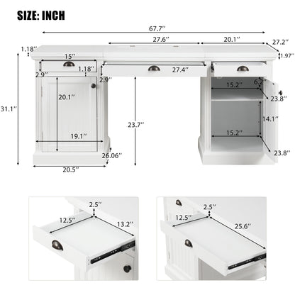 67 inch executive desk with cabinet and drawers, white