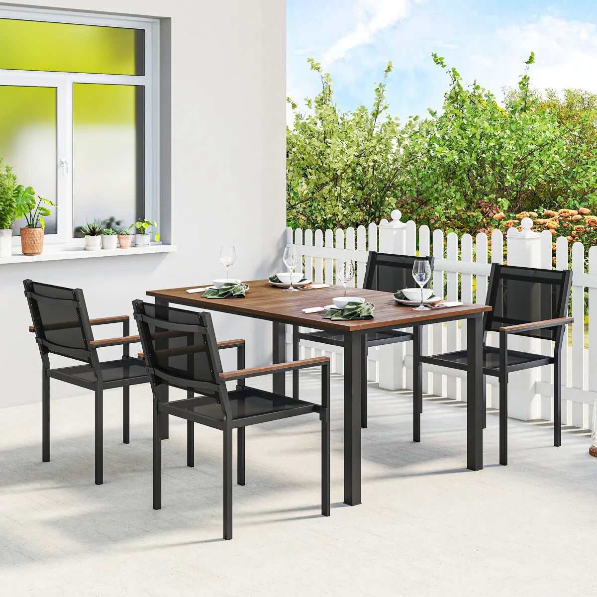 5-Piece Acacia Wood Outdoor Dining Set for 4 with Rectangular Table and Stackable Chairs