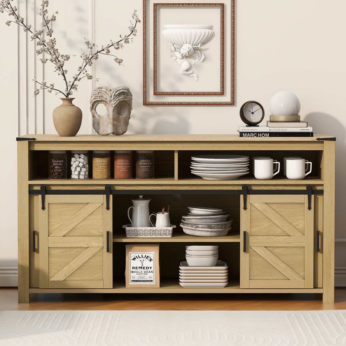Farmhouse sideboard with barn door, natural