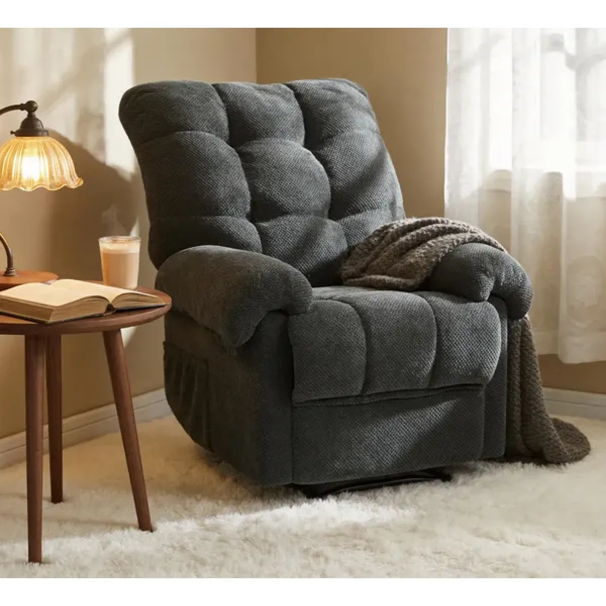 Dark Gray Overstuffed Recliner Chair – Manual Recliner with Padded Footrest, Home Theater Seating – view 3