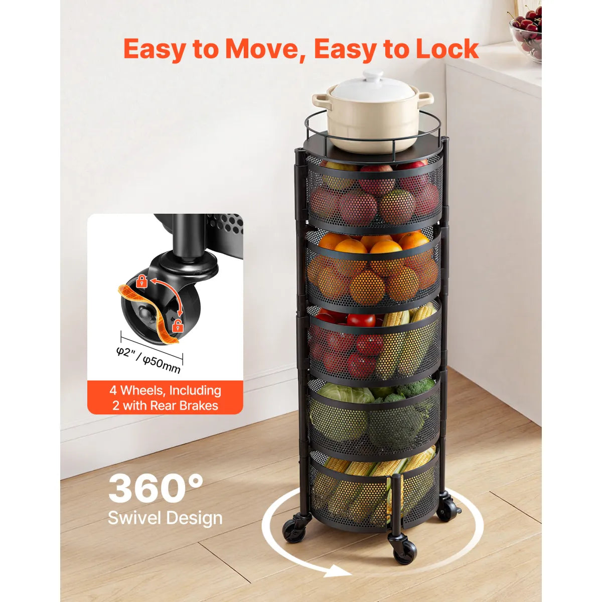 Rotating 5-Tier Storage Rack Cart – Fruit and Vegetable Kitchen Organizer