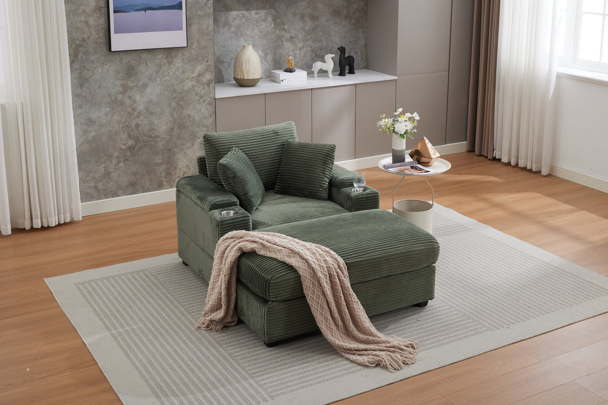 Corduroy Chaise Lounge Sofa with Ottoman, Dark Green – alternate view 2