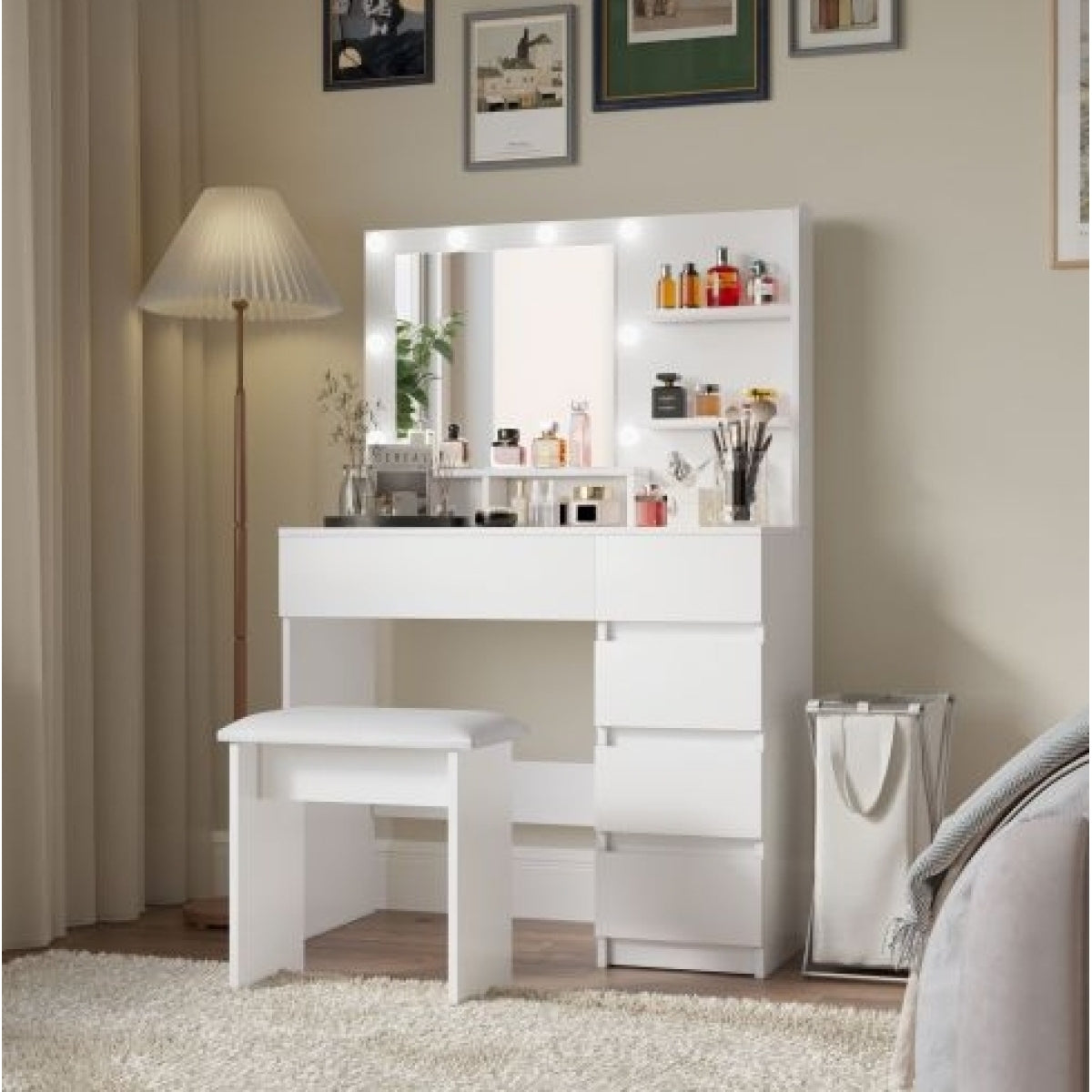 Hollywood Lighted Makeup Vanity Desk Set – Particle Board & MDF with Stool, White Bedroom – view 2