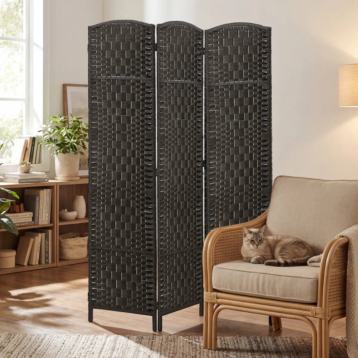 Freestanding Room Divider – Diamond Rattan Weave Privacy Screen, Coffee