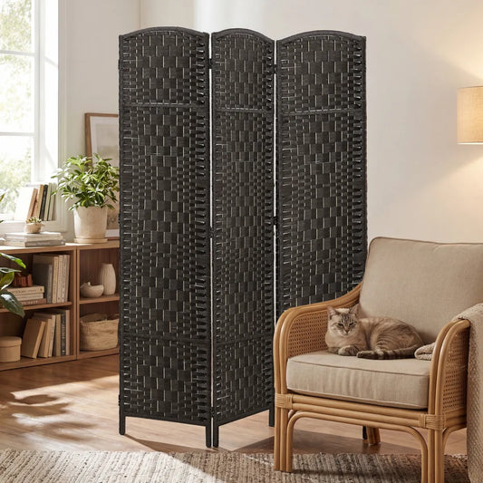 Freestanding Room Divider – Diamond Rattan Weave Privacy Screen, Coffee