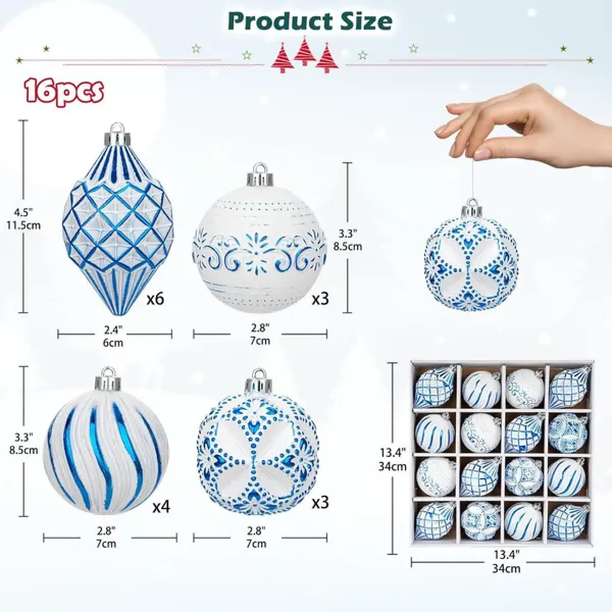 16-Piece Hand-Painted Shatterproof Christmas Ball Ornaments Set
