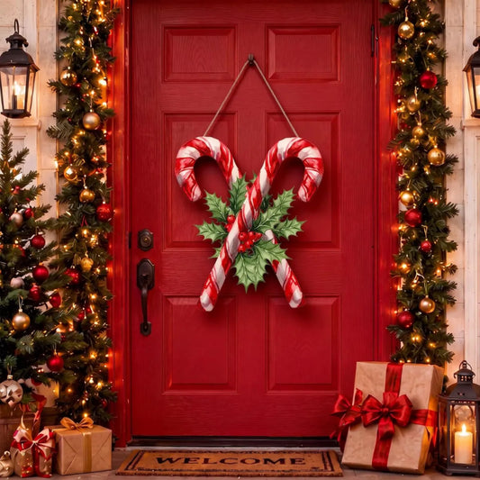 Christmas Candy Cane Front Door Decor, Watercolor Style