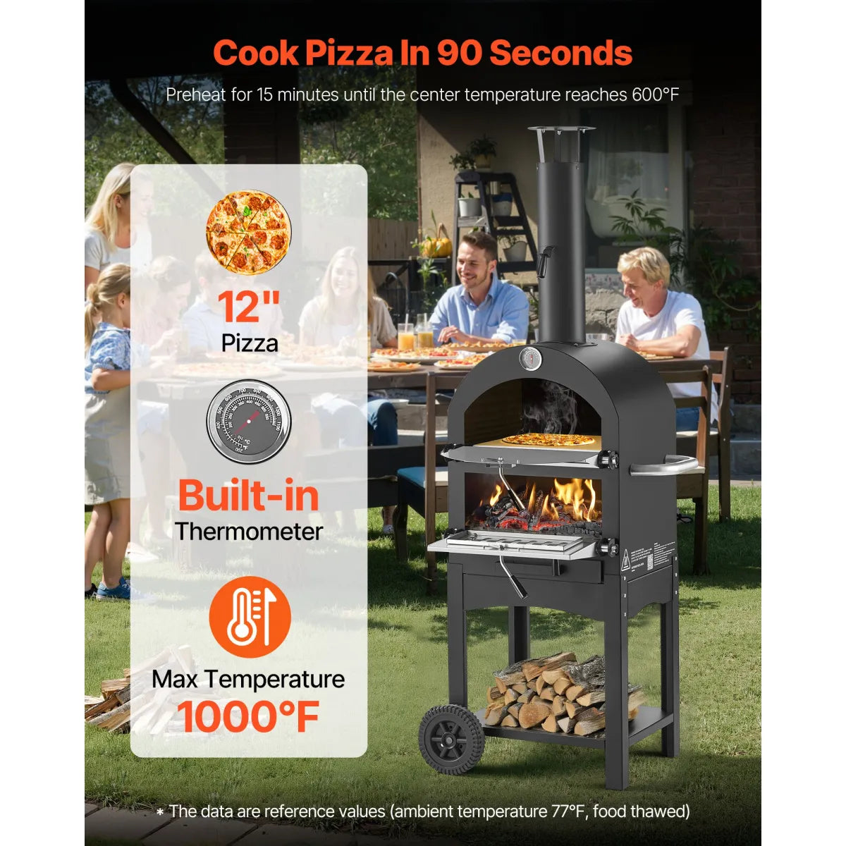 12" Wood-Fired Outdoor Pizza Oven with Wheels, 2-Layer