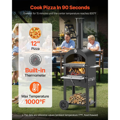12" Wood-Fired Outdoor Pizza Oven with Wheels, 2-Layer