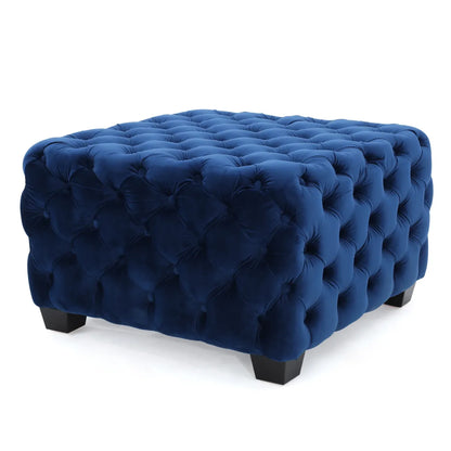 Velvet Button-Tufted Ottoman, Navy Blue