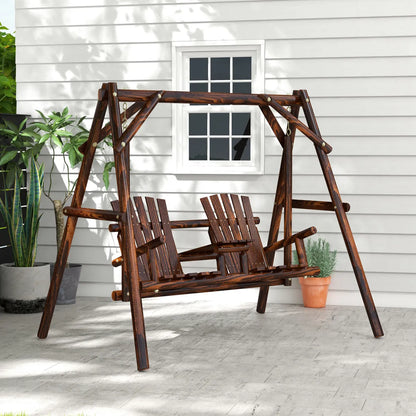 Wooden Porch Swing with Stand and Center Table, 2-Seat Carbonized Wood