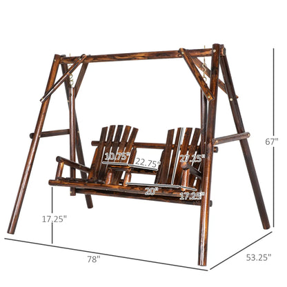 Wooden Porch Swing with Stand and Center Table, 2-Seat Carbonized Wood