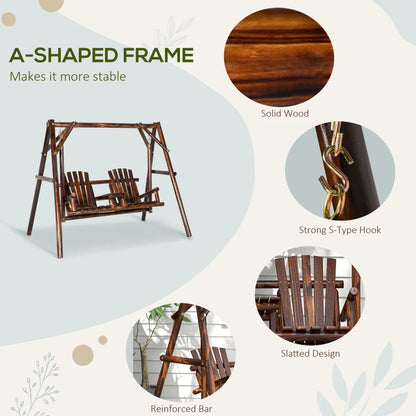 Wooden Porch Swing with Stand and Center Table, 2-Seat Carbonized Wood