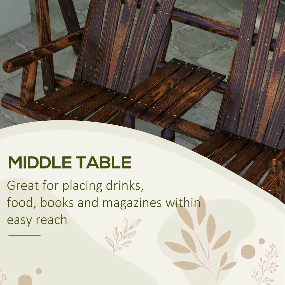 Wooden Porch Swing with Stand and Center Table, 2-Seat Carbonized Wood