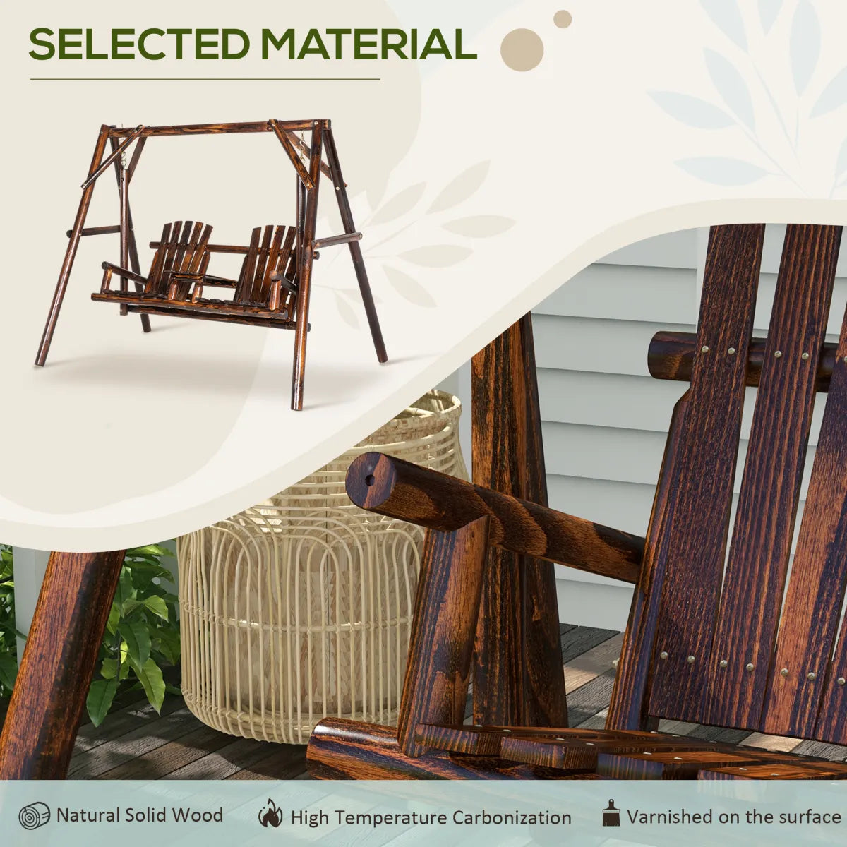 Wooden Porch Swing with Stand and Center Table, 2-Seat Carbonized Wood