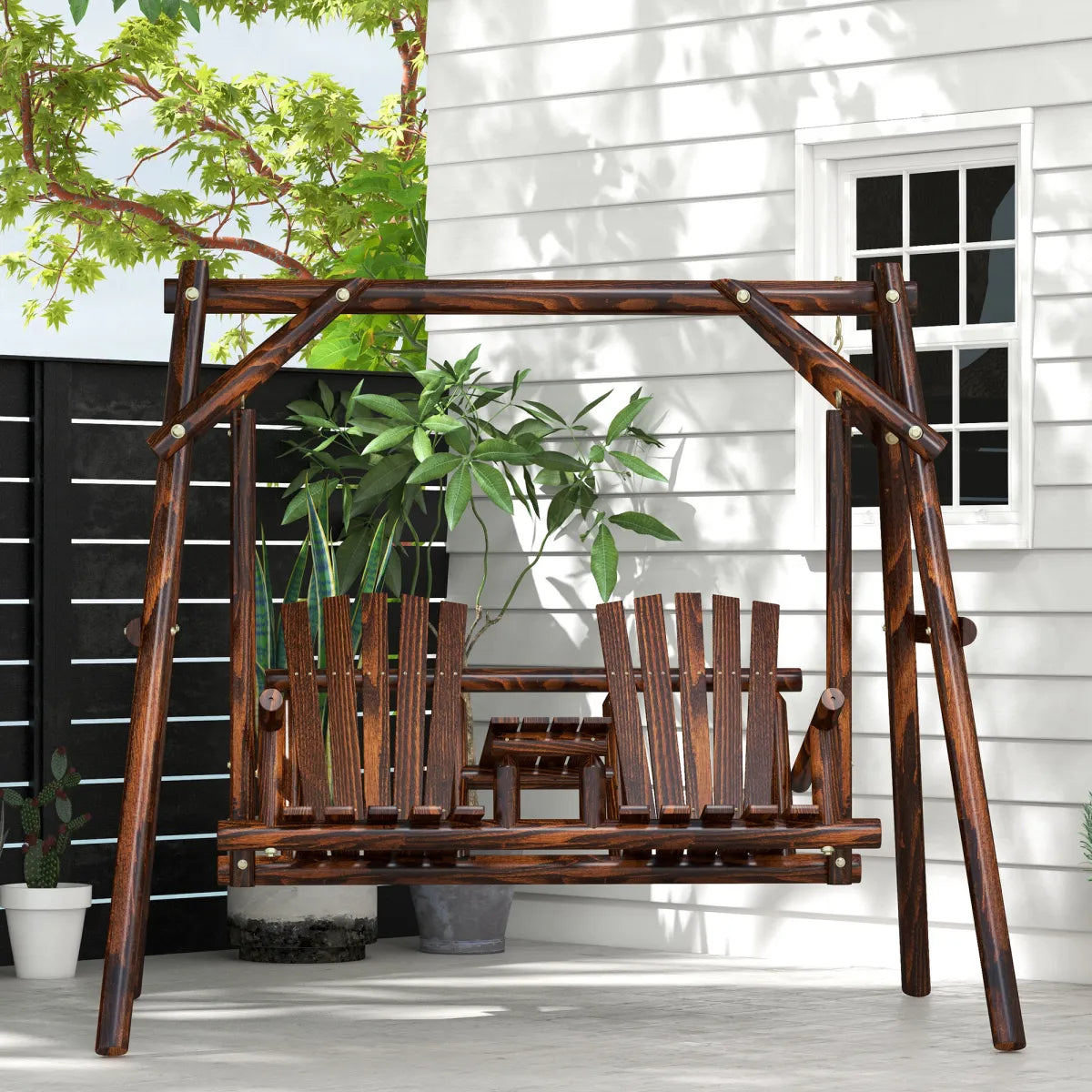 Wooden Porch Swing with Stand and Center Table, 2-Seat Carbonized Wood