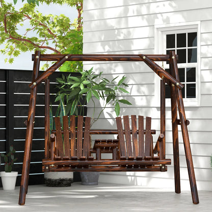 Wooden Porch Swing with Stand and Center Table, 2-Seat Carbonized Wood