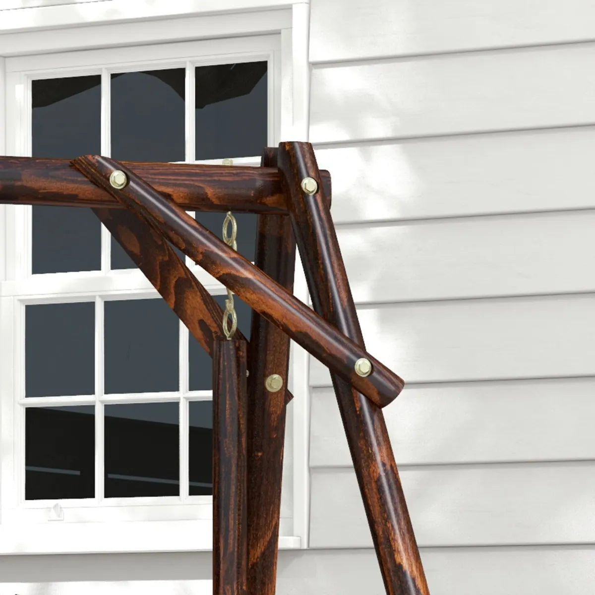 Wooden Porch Swing with Stand and Center Table, 2-Seat Carbonized Wood